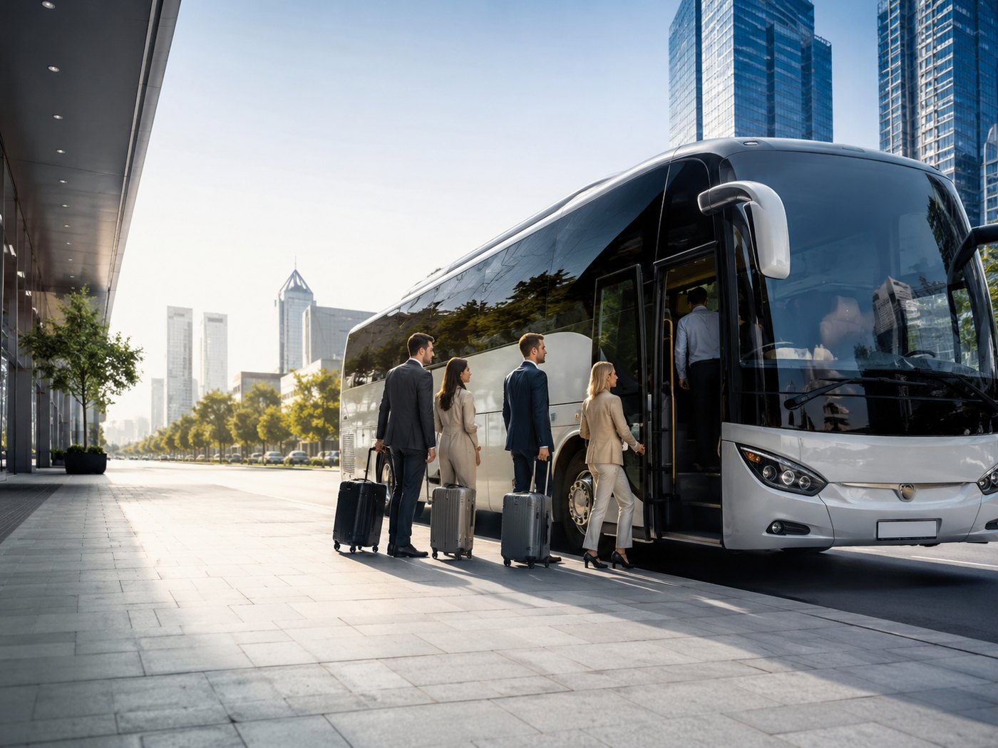 Geschäftsreisende steigen in einen modernen Charterbus