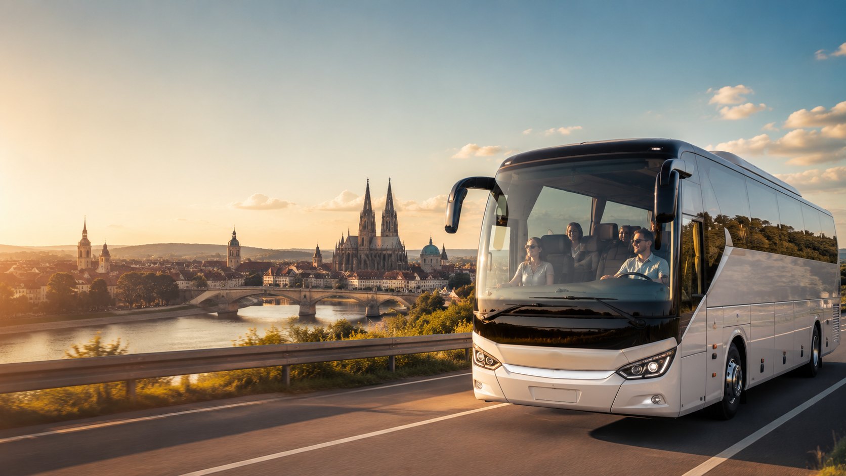 Moderner ISA Reisen Reisebus vor einer deutschen Stadt