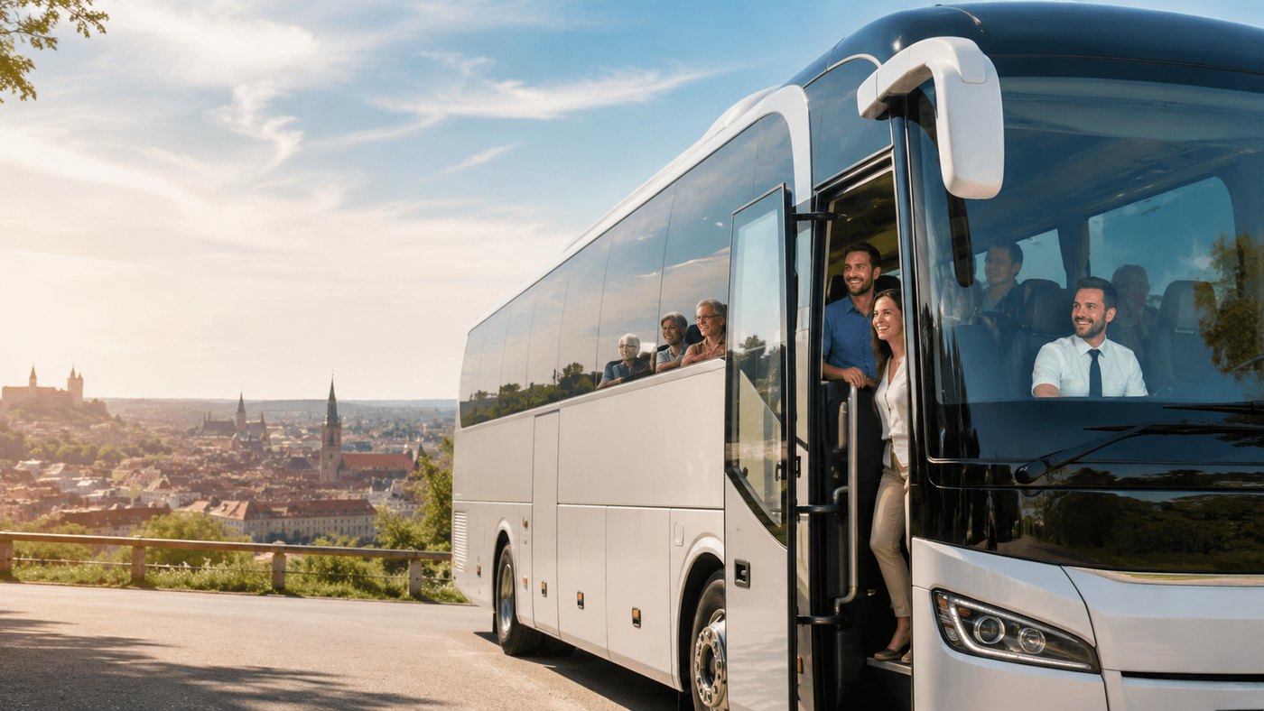 Reisebus mit Gästen vor einem deutschen Stadtpanorama