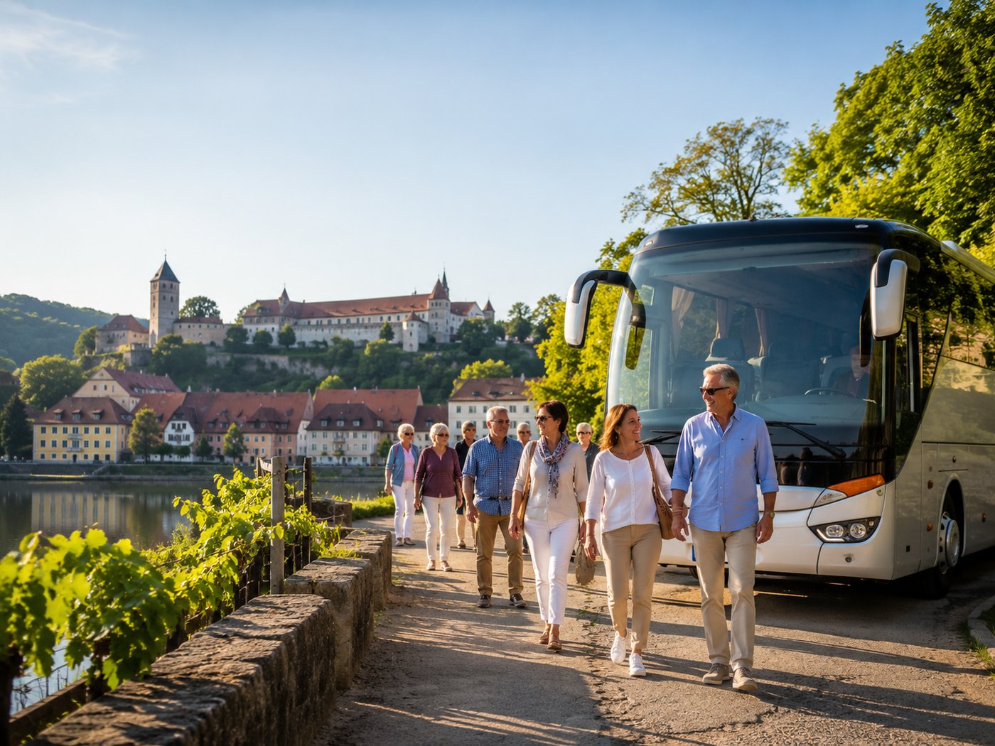 Reisegruppe bei einem Ausflug an einem historischen Schloss